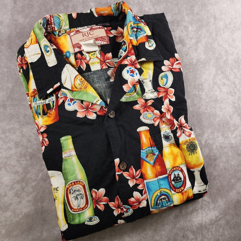 RJC Mens‎ Large Black Beer Bottle Floral Hawaiian Shirt Made in Hawaii Cotton L